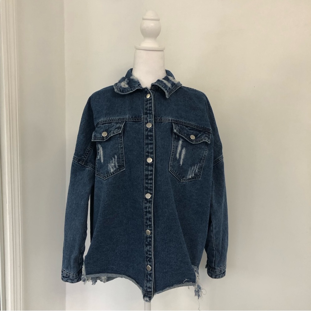 REDIAL Women Blue Drop Shoulder Snaps Button Denim Shirt Sz S/36 Distress Hem